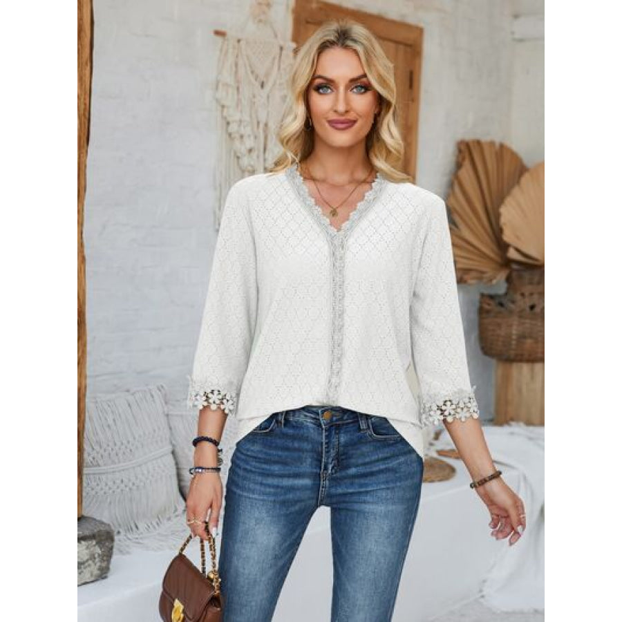 Lace Detail V - Neck Three - Quarter Sleeve Blouse White / S Apparel and Accessories