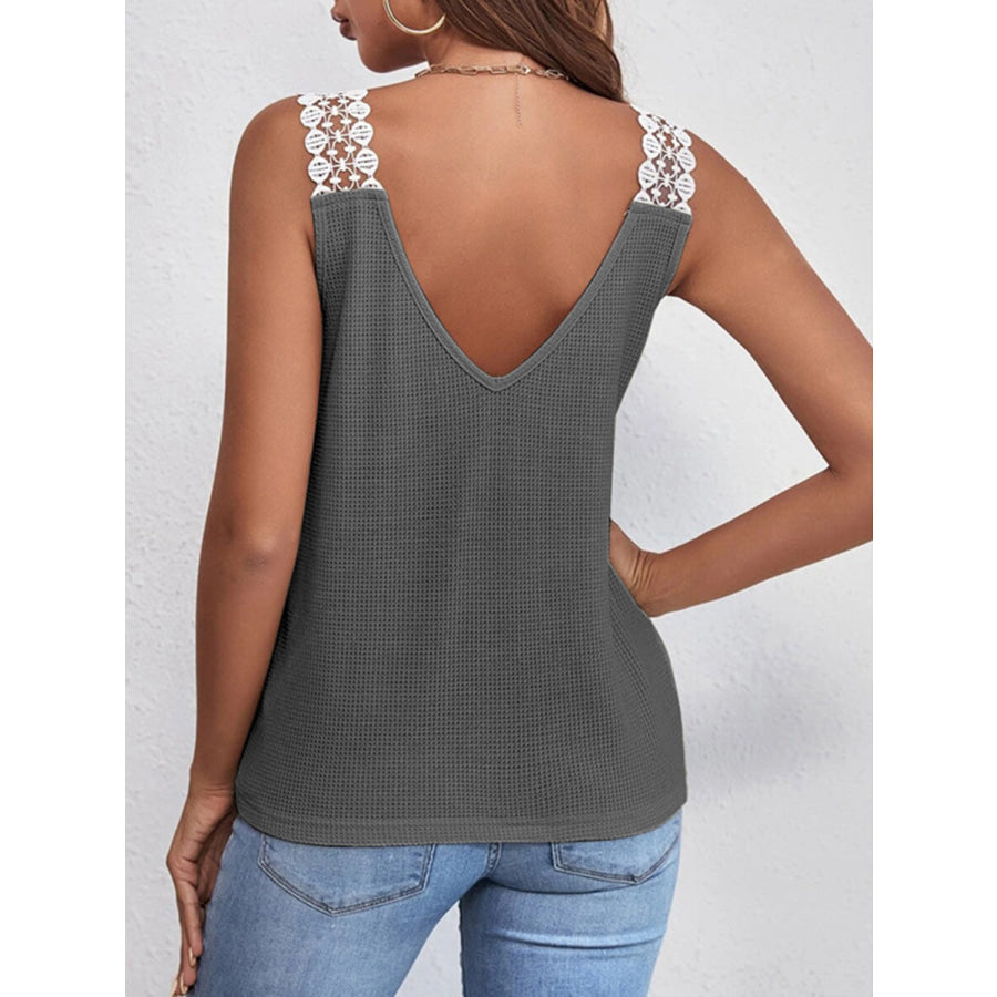 Lace Detail Waffle - Knit V - Neck Tank Apparel and Accessories