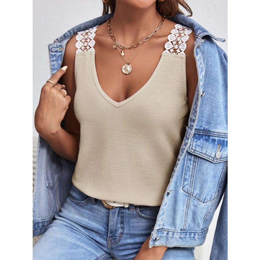 Lace Detail Waffle - Knit V - Neck Tank Apparel and Accessories