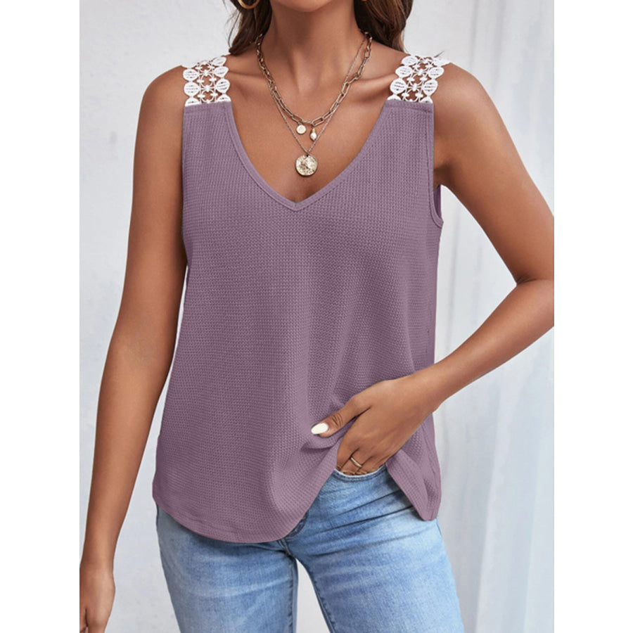 Lace Detail Waffle - Knit V - Neck Tank Apparel and Accessories