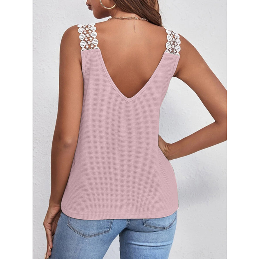 Lace Detail Waffle - Knit V - Neck Tank Apparel and Accessories