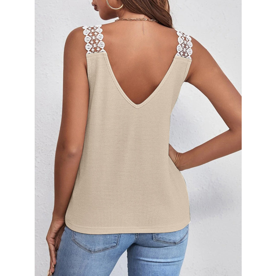 Lace Detail Waffle - Knit V - Neck Tank Khaki / S Apparel and Accessories