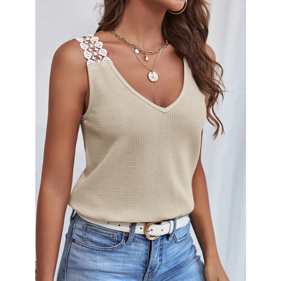 Lace Detail Waffle - Knit V - Neck Tank Apparel and Accessories