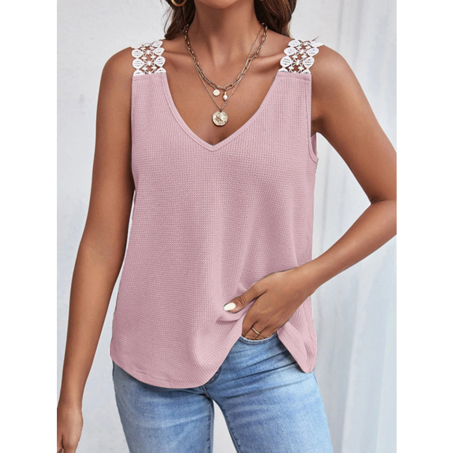 Lace Detail Waffle - Knit V - Neck Tank Apparel and Accessories