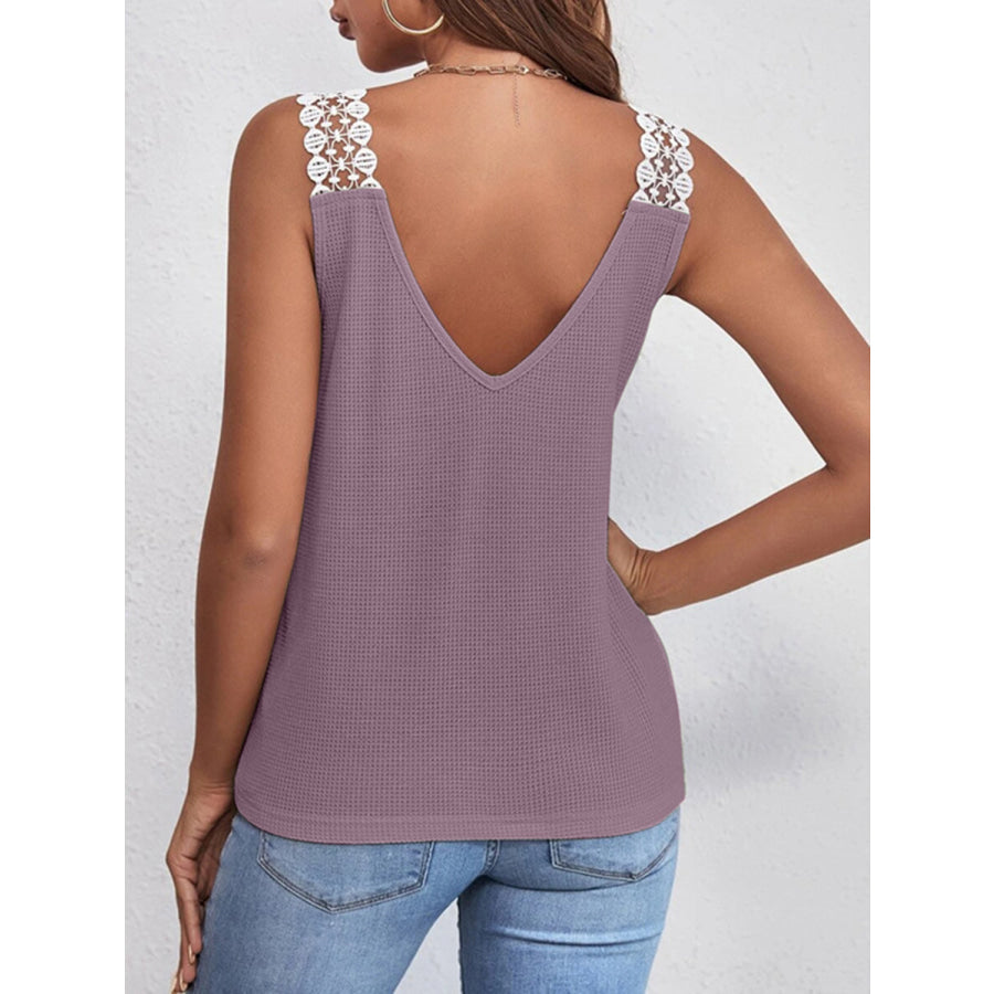 Lace Detail Waffle - Knit V - Neck Tank Dusty Purple / S Apparel and Accessories