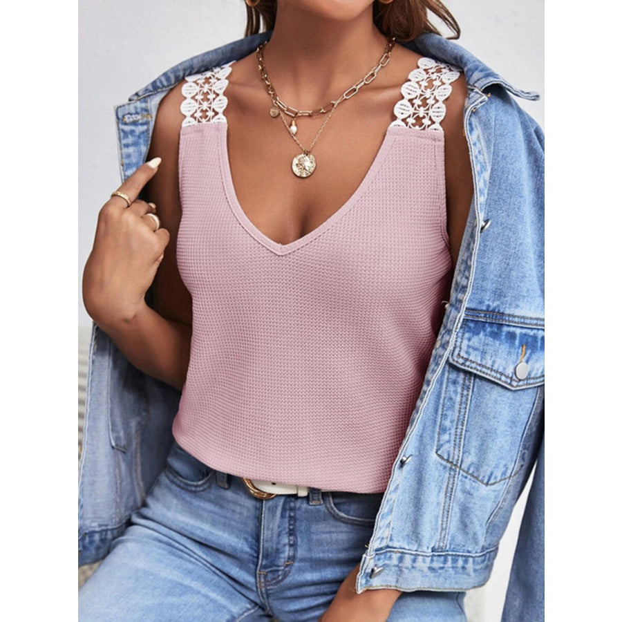 Lace Detail Waffle - Knit V - Neck Tank Moonlit Mauve / S Apparel and Accessories