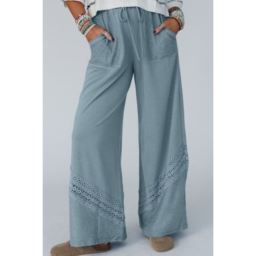 Lace Detail Wide Leg Pants Light Blue / S Apparel and Accessories