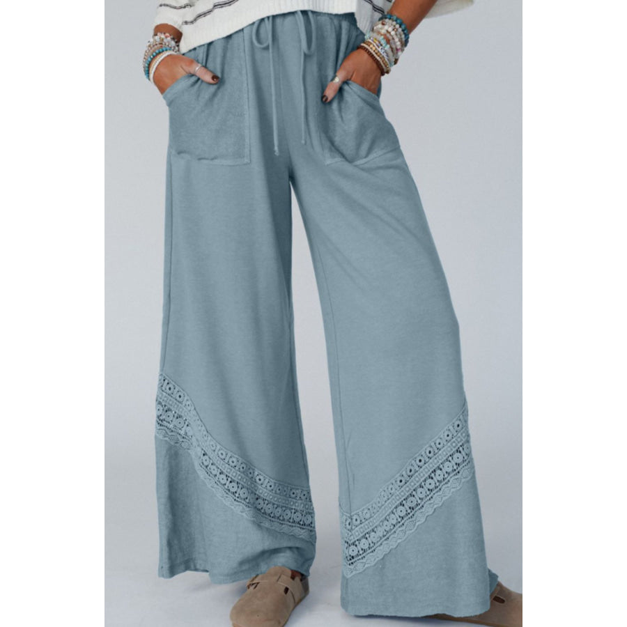 Lace Detail Wide Leg Pants Light Blue / S Apparel and Accessories