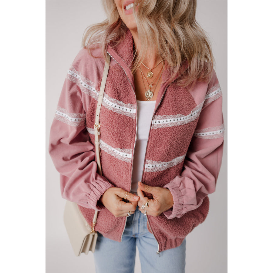 Lace Detail Zip Up Sherpa Patchwork Jacket Apparel and Accessories