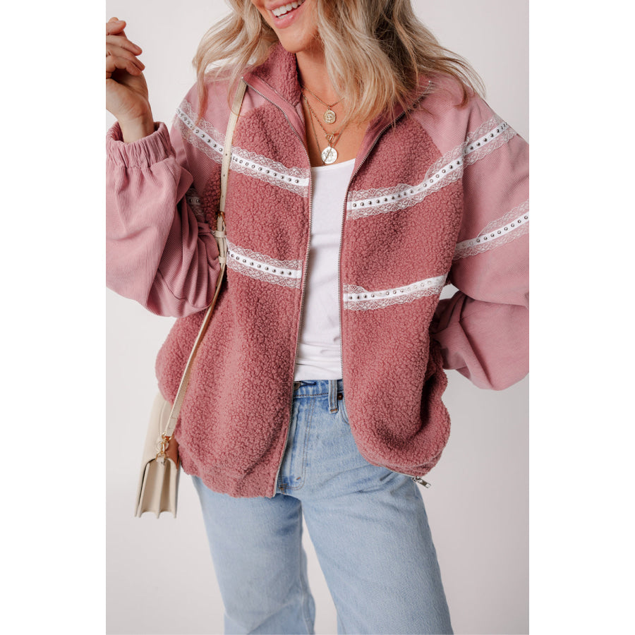 Lace Detail Zip Up Sherpa Patchwork Jacket Dusty Pink / L Apparel and Accessories