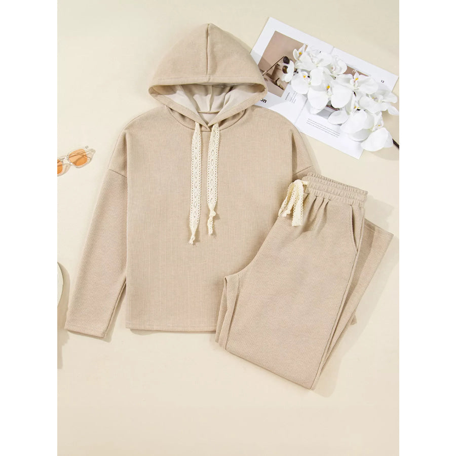 Lace Drawstring Hoodie and High Waist Pants Corduroy Suit Apparel and Accessories
