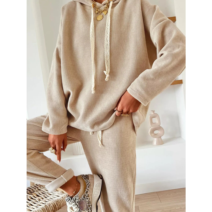 Lace Drawstring Hoodie and High Waist Pants Corduroy Suit Beige / S Apparel and Accessories