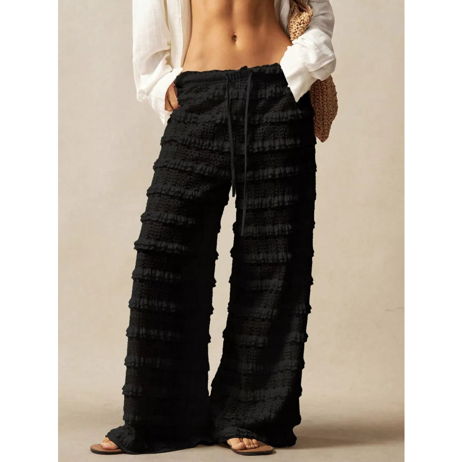Lace Drawstring Wide-Leg Pants Black / S Apparel and Accessories
