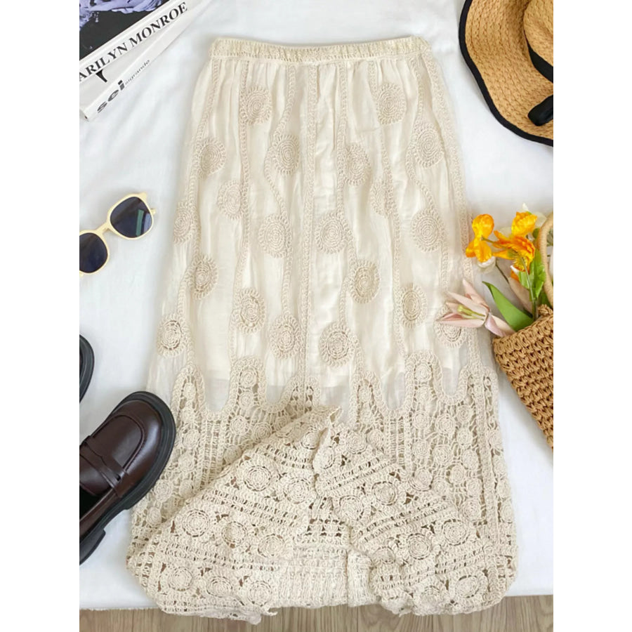 Lace Elastic Waist Midi Skirt Apparel and Accessories