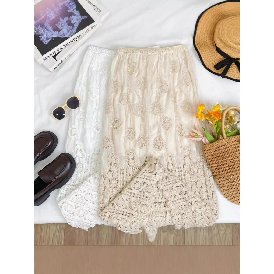 Lace Elastic Waist Midi Skirt Apricot / one size Apparel and Accessories