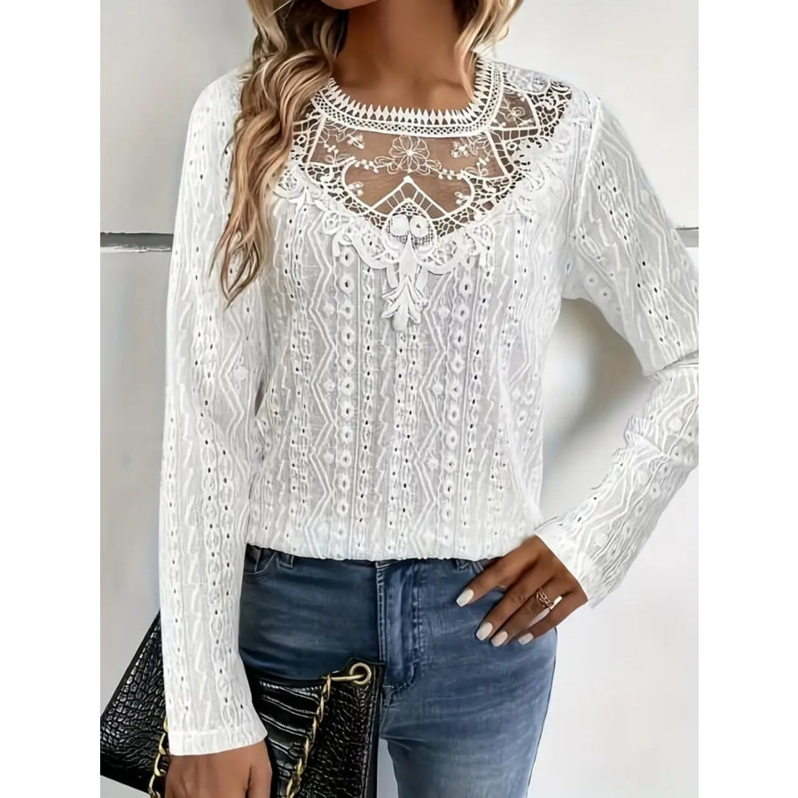 Lace Eyelet Long Sleeve Top White / S Apparel and Accessories