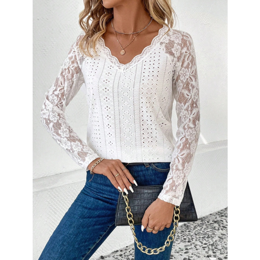 Lace Eyelet V-Neck Long Sleeve Blouse Apparel and Accessories