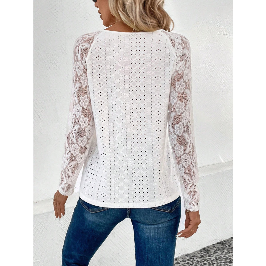 Lace Eyelet V-Neck Long Sleeve Blouse Apparel and Accessories