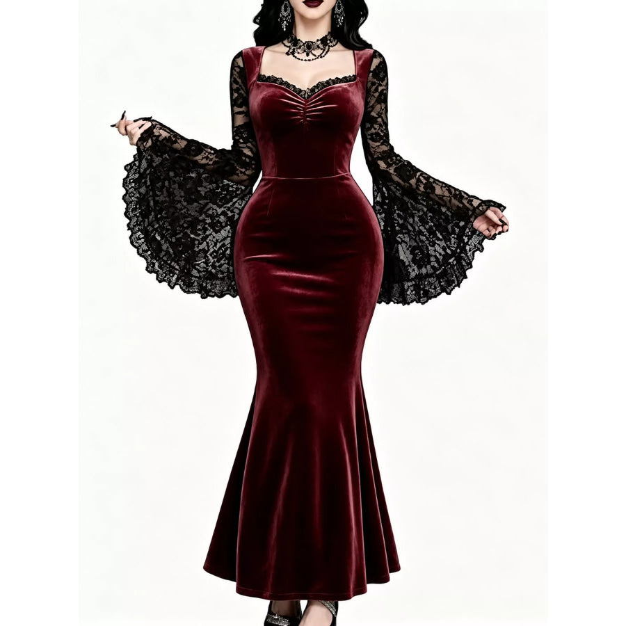 Lace Flare Sleeve Maxi Dress Burgundy / S Apparel and Accessories