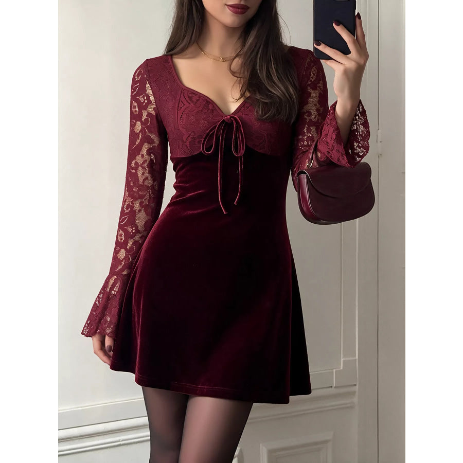 Lace Flare Sleeve Mini Dress Burgundy / S Apparel and Accessories