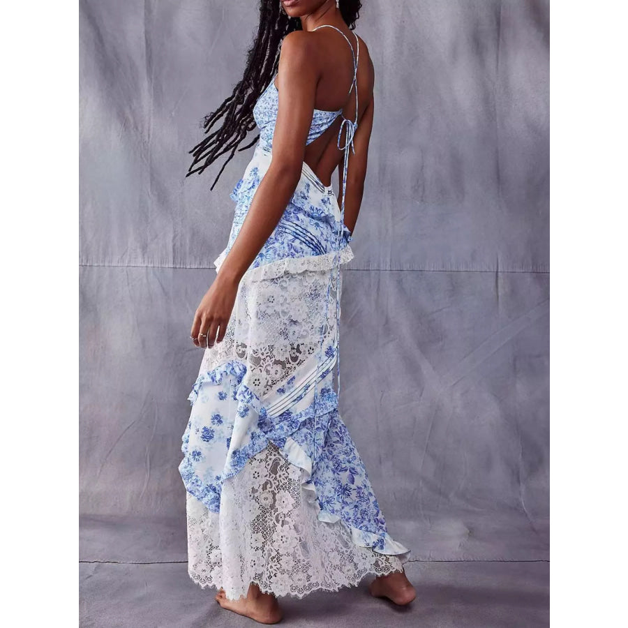 Lace Floral Print Ruffle Trim Maxi Dress Apparel and Accessories