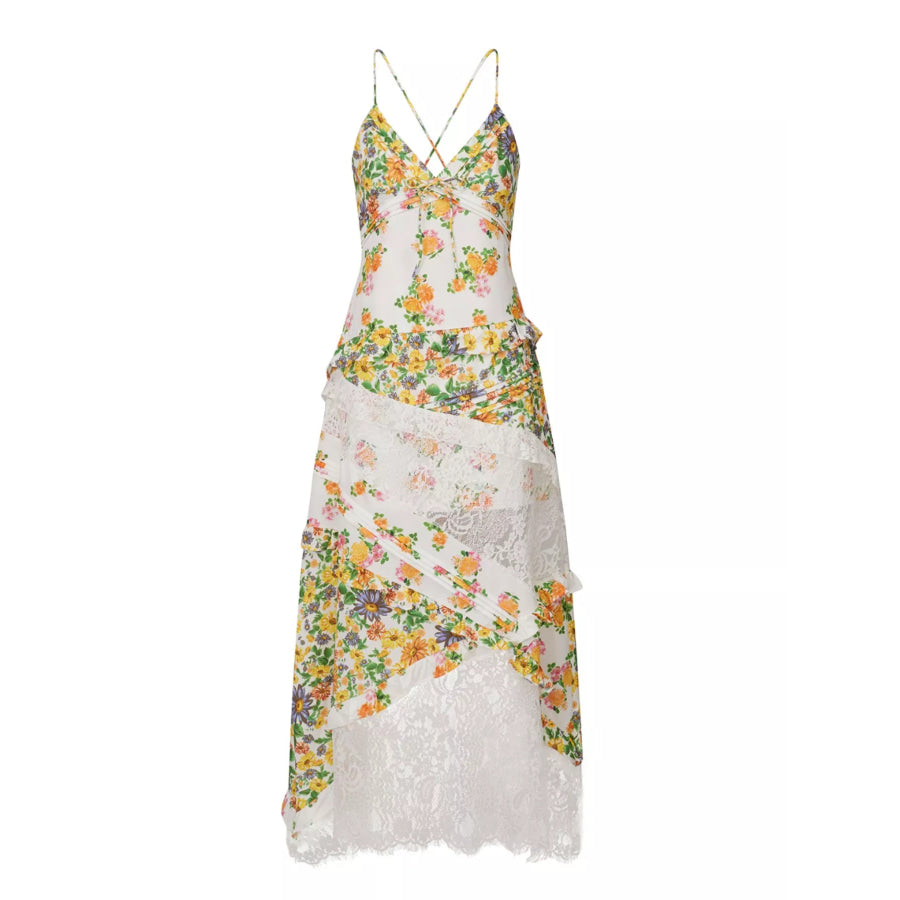 Lace Floral Print Ruffle Trim Maxi Dress Apparel and Accessories