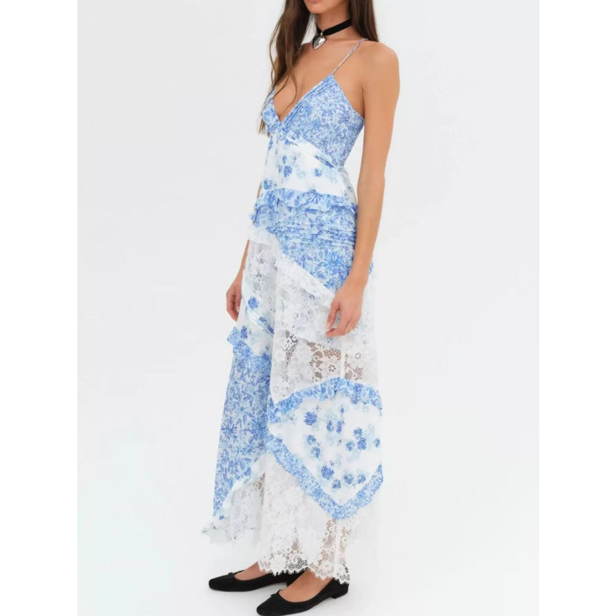 Lace Floral Print Ruffle Trim Maxi Dress Apparel and Accessories