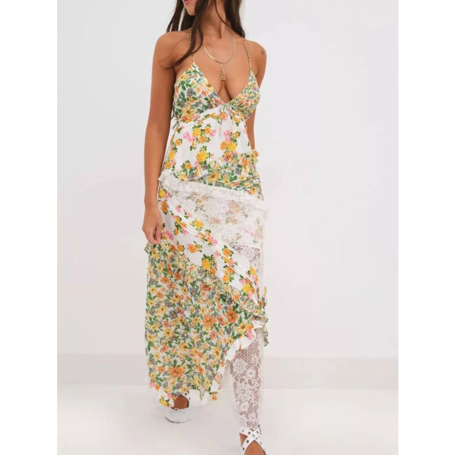 Lace Floral Print Ruffle Trim Maxi Dress Apparel and Accessories