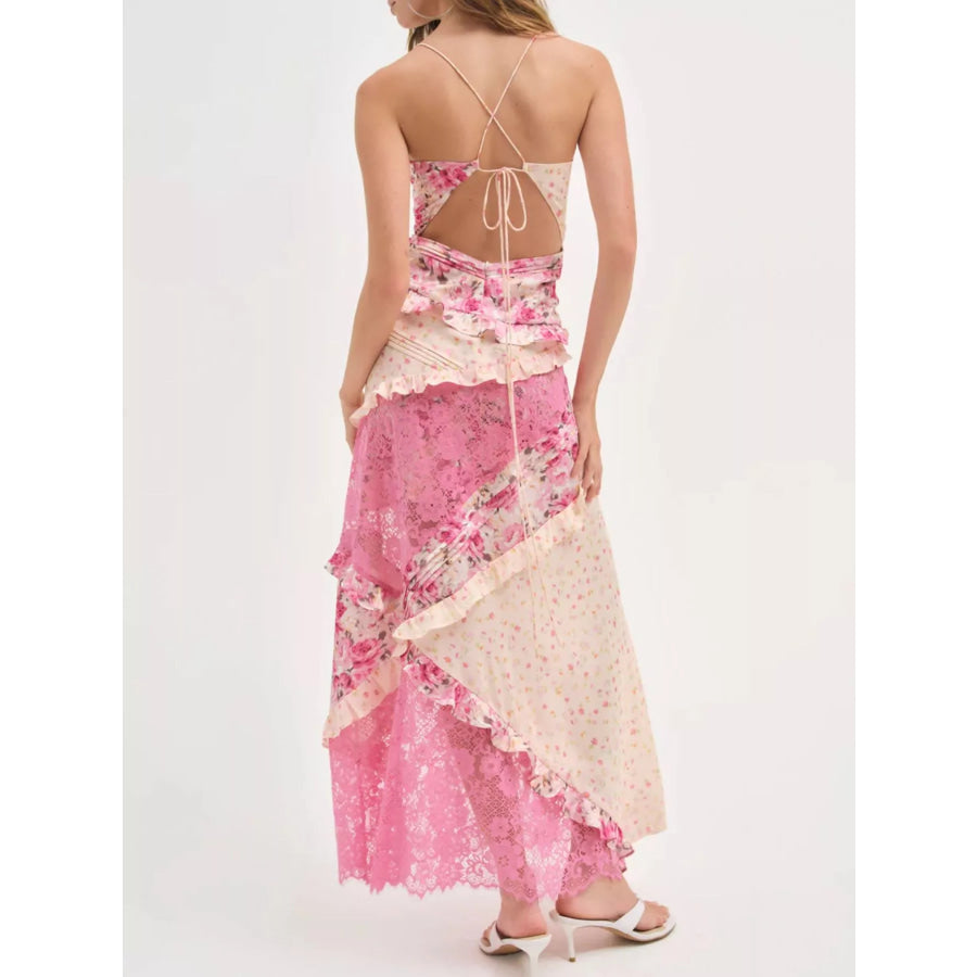 Lace Floral Print Ruffle Trim Maxi Dress Apparel and Accessories