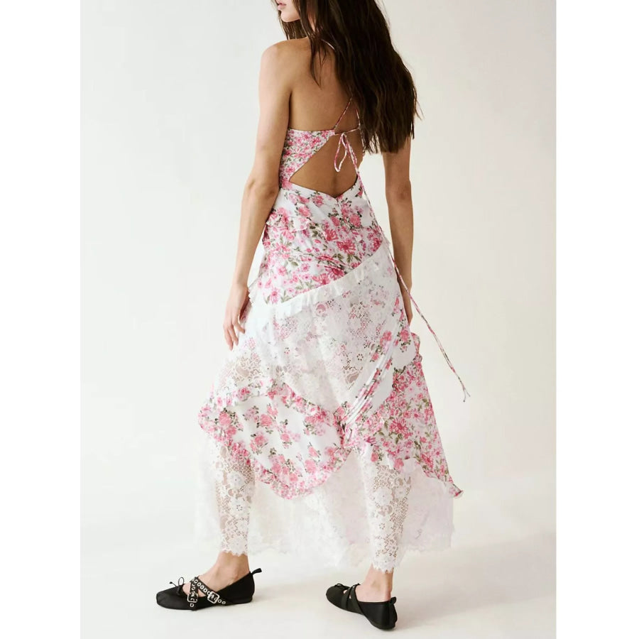 Lace Floral Print Ruffle Trim Maxi Dress Apparel and Accessories