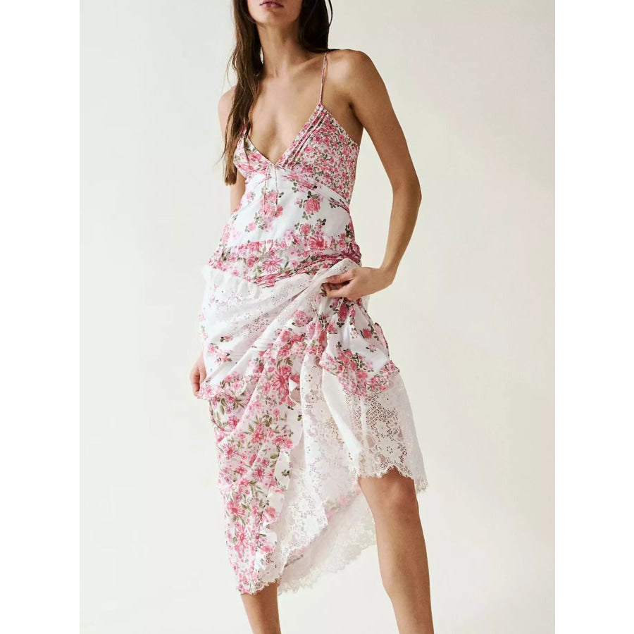 Lace Floral Print Ruffle Trim Maxi Dress Apparel and Accessories