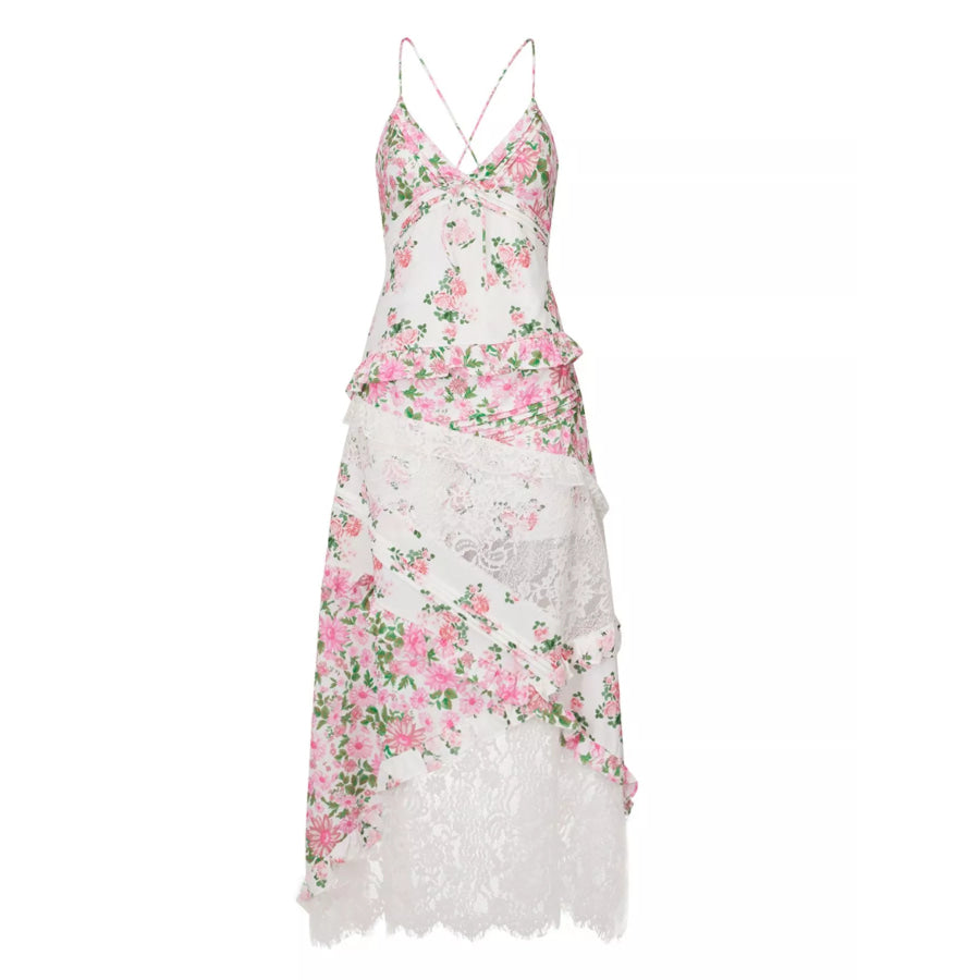 Lace Floral Print Ruffle Trim Maxi Dress Apparel and Accessories
