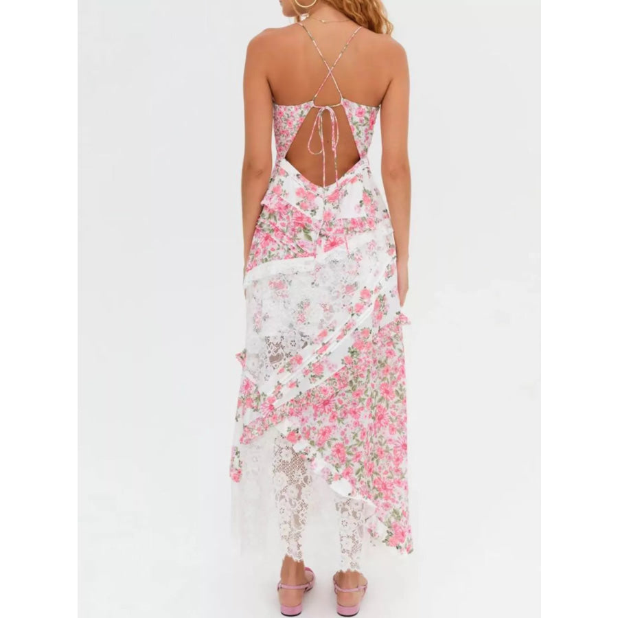 Lace Floral Print Ruffle Trim Maxi Dress Apparel and Accessories
