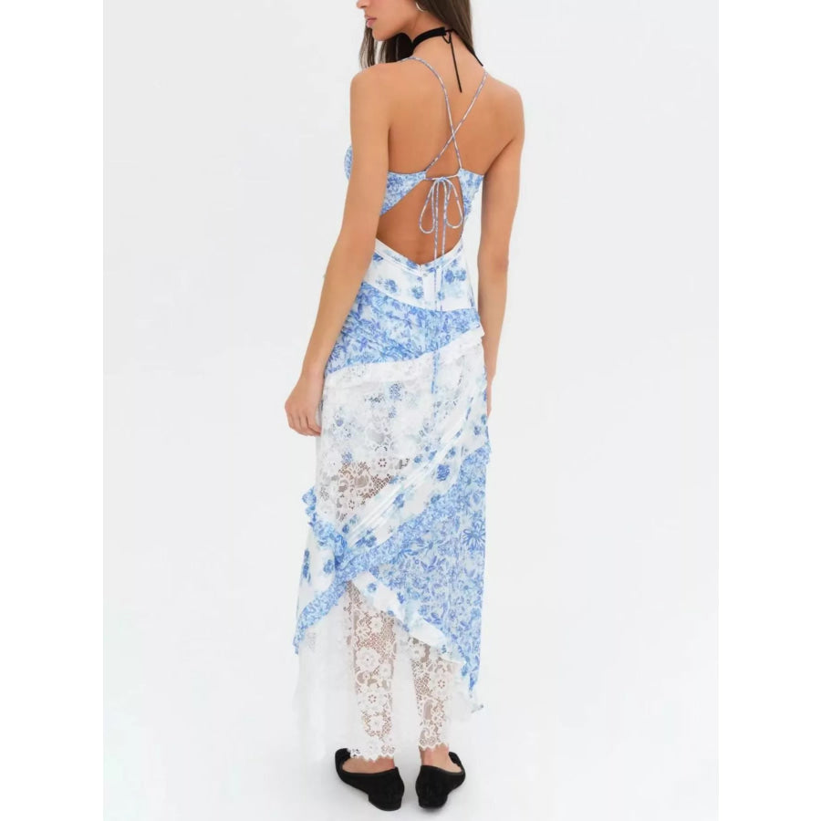 Lace Floral Print Ruffle Trim Maxi Dress Apparel and Accessories