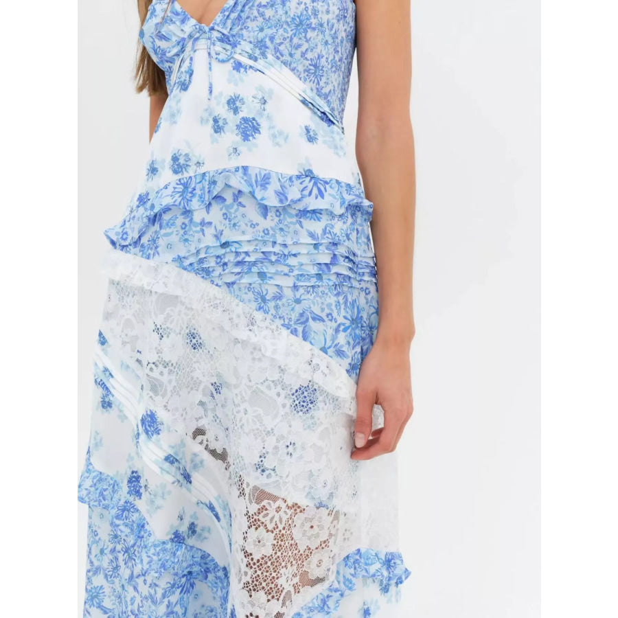 Lace Floral Print Ruffle Trim Maxi Dress Apparel and Accessories