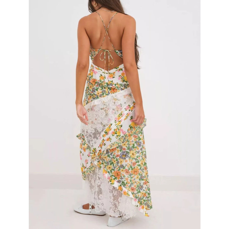 Lace Floral Print Ruffle Trim Maxi Dress Apparel and Accessories