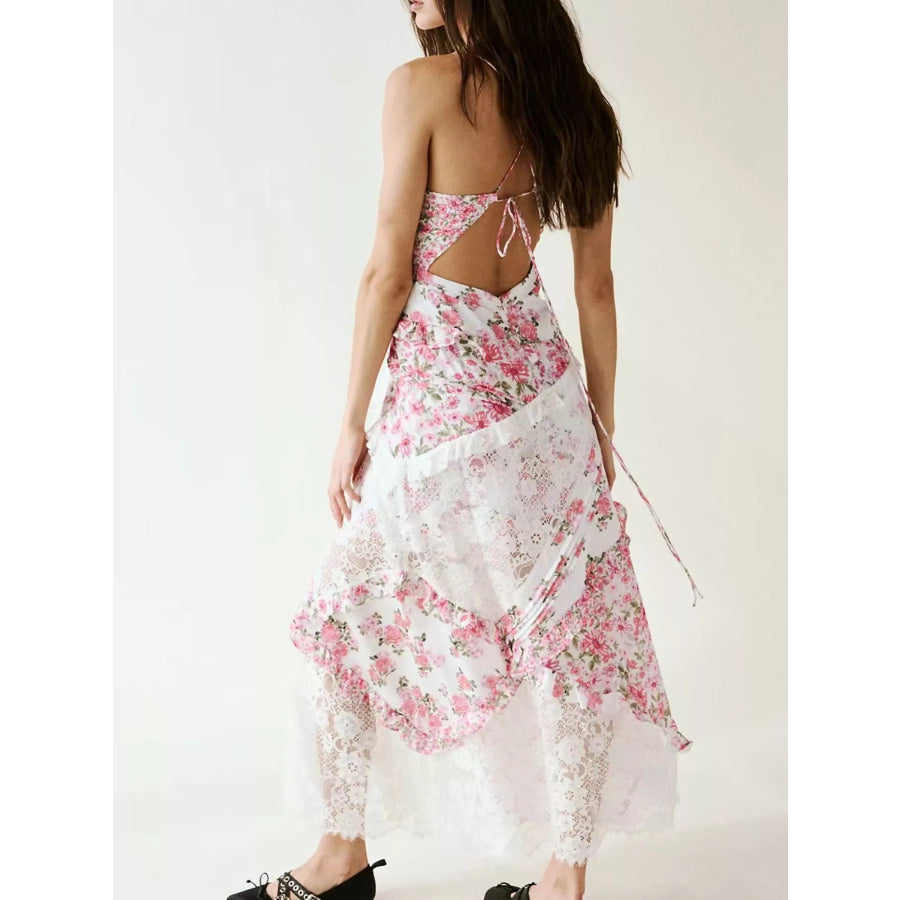 Lace Floral Print Ruffle Trim Maxi Dress Apparel and Accessories
