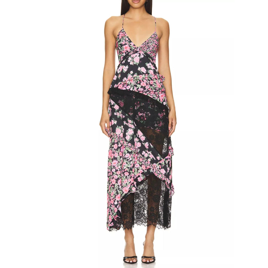 Lace Floral Print Ruffle Trim Maxi Dress Black / S Apparel and Accessories