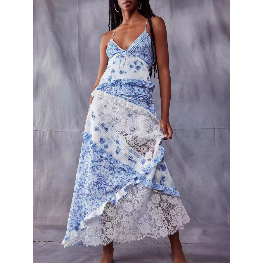 Lace Floral Print Ruffle Trim Maxi Dress Light Blue / S Apparel and Accessories