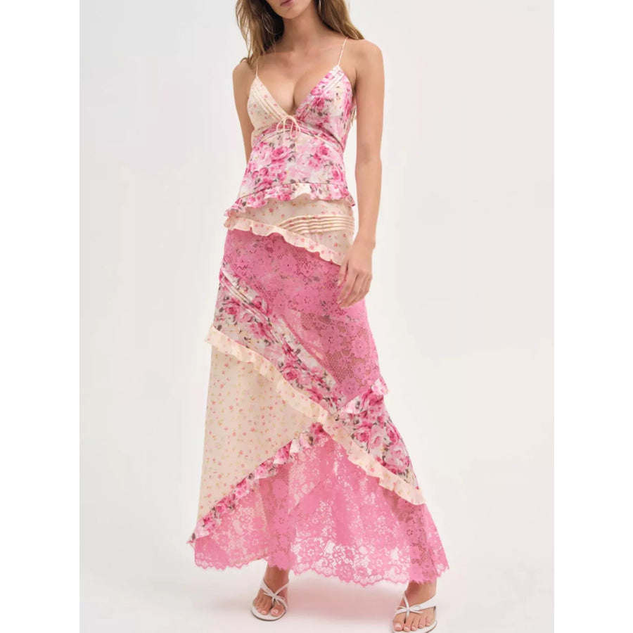 Lace Floral Print Ruffle Trim Maxi Dress Apparel and Accessories