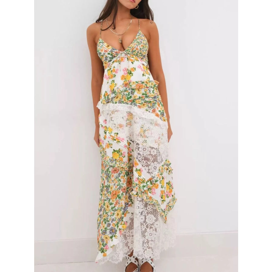 Lace Floral Print Ruffle Trim Maxi Dress Yellow-Green / S Apparel and Accessories