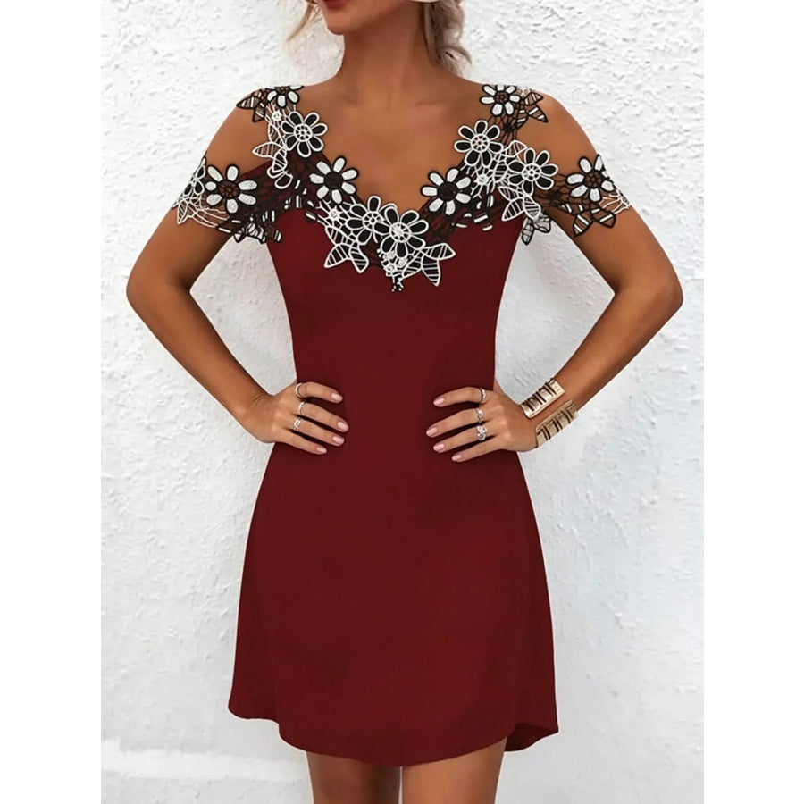 Lace Floral Trim Cold Shoulder Mini Dress Apparel and Accessories