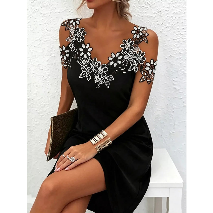 Lace Floral Trim Cold Shoulder Mini Dress Black / S Apparel and Accessories