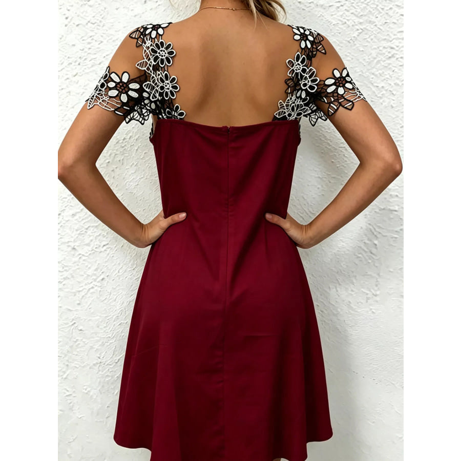 Lace Floral Trim Cold Shoulder Mini Dress Burgundy / S Apparel and Accessories