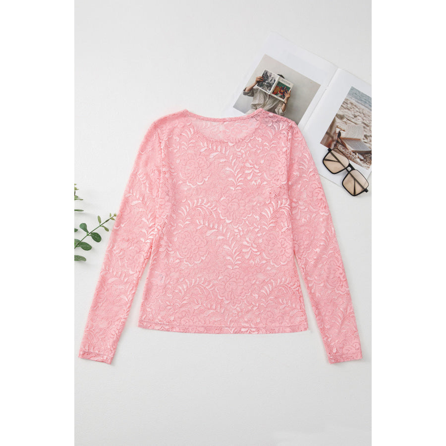 Lace Flower Round Neck Long Sleeve Top Apparel and Accessories