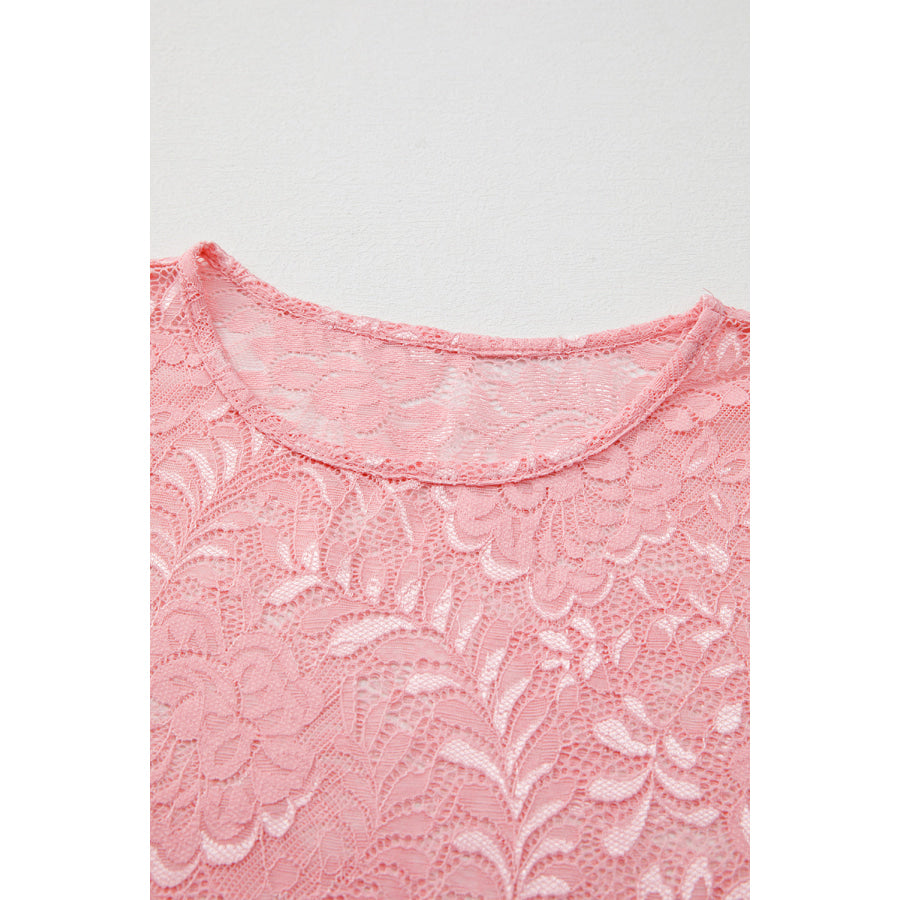 Lace Flower Round Neck Long Sleeve Top Apparel and Accessories