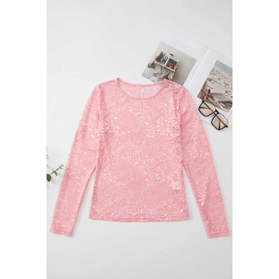 Lace Flower Round Neck Long Sleeve Top Apparel and Accessories