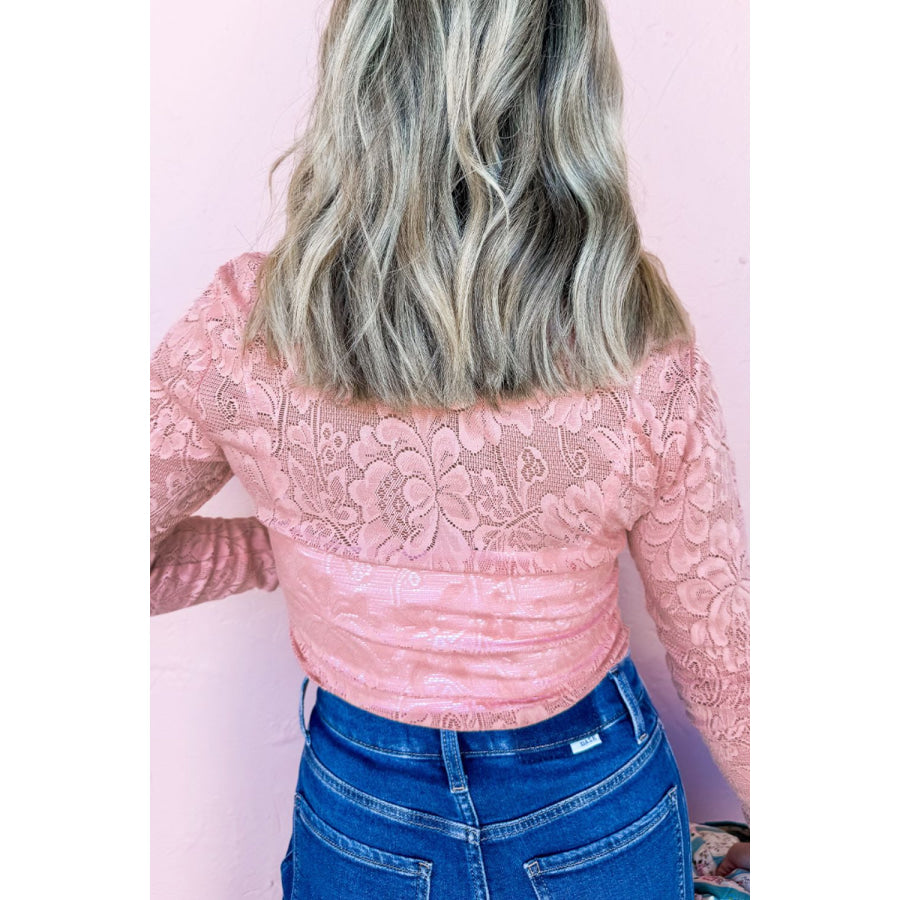 Lace Flower Round Neck Long Sleeve Top Dusty Pink / S Apparel and Accessories