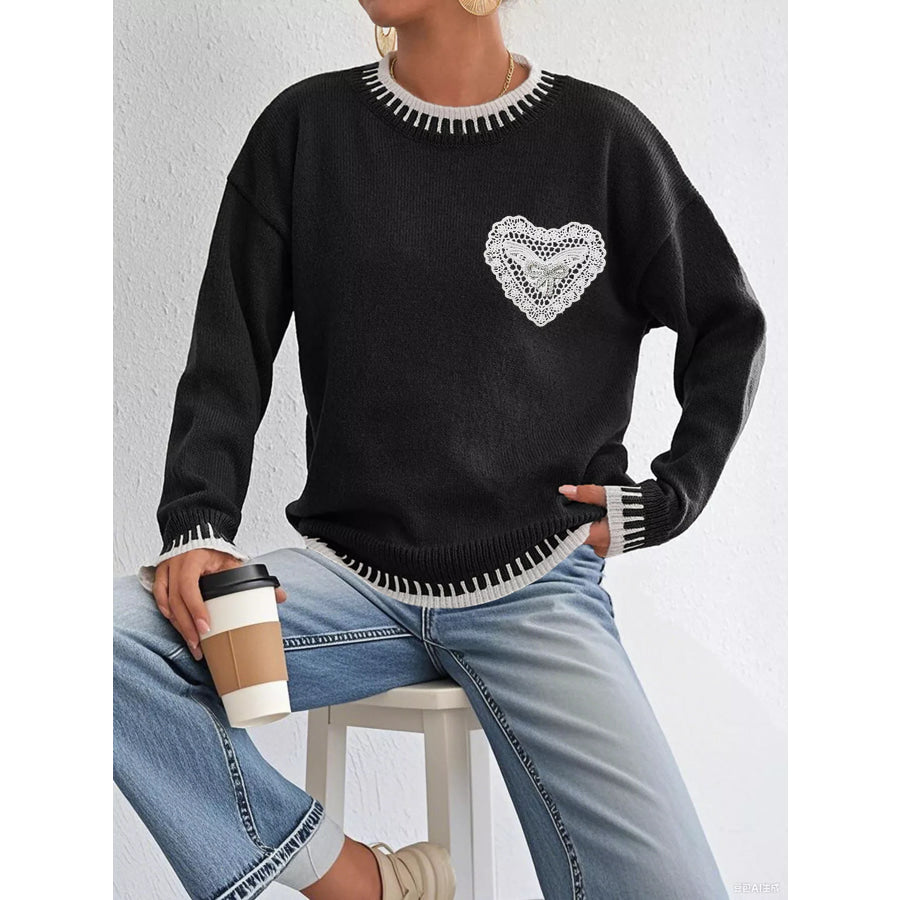 Lace Heart Contrast Trim Sweater Apparel and Accessories