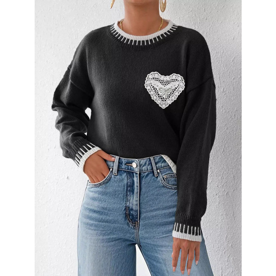 Lace Heart Contrast Trim Sweater Apparel and Accessories